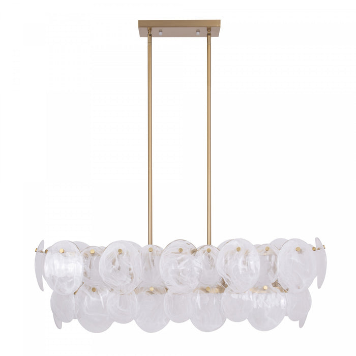 Lily 7 Light Island Light, Brushed Brass With Wispy White Murano Style Glass