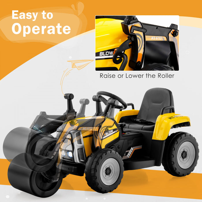Costway Kids Ride On Road Roller 12v Electric Tractor Remote W/ Music & Led Light Yellow