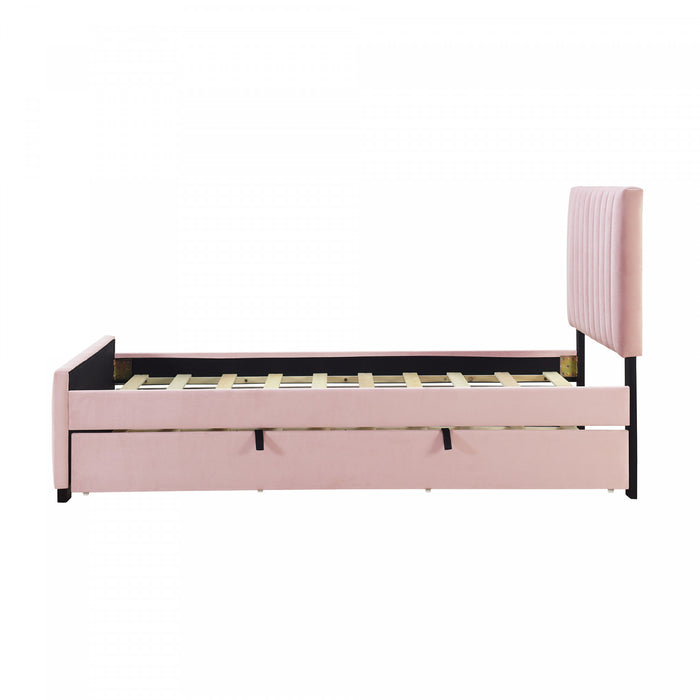 Ethan Space-Saving Velvet Upholstered Platform Bed with Trundle,Twin Size,Pink Twin Bed