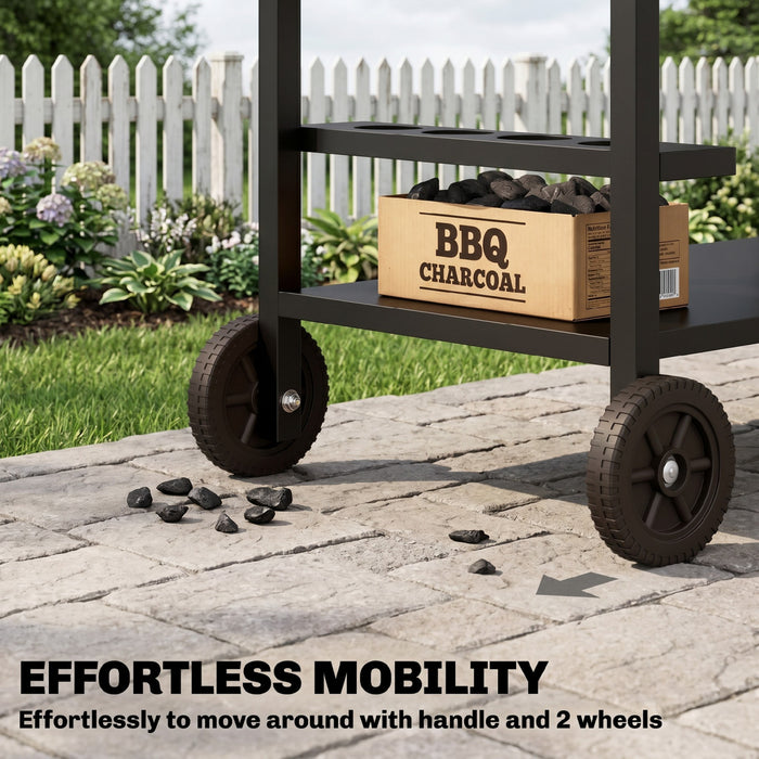Outsunny Outdoor Grill Cart, BBQ Stand with 2-Tier Pizza Oven Stand, Beverage Holder, Hooks, Movable Food Prep Table on Wheels, Black and Brown