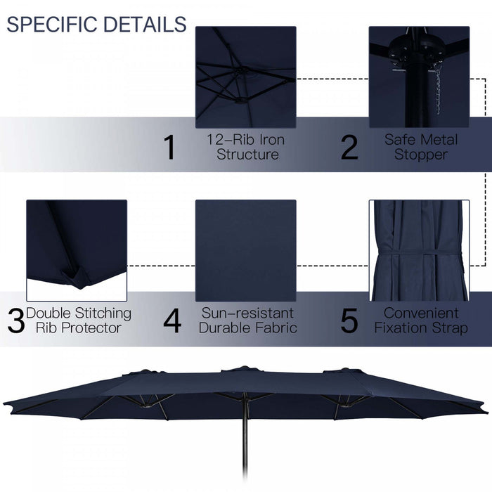 Costway 15FT Double-Sided Twin Patio Umbrella Sun Shade Outdoor Crank Market Base Navy