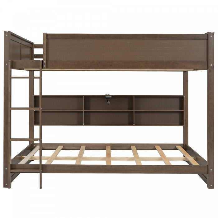 Aaron Wood Bunk Bed With Storage Cabinets And Usb Ports, Queen Size, Antique Wood