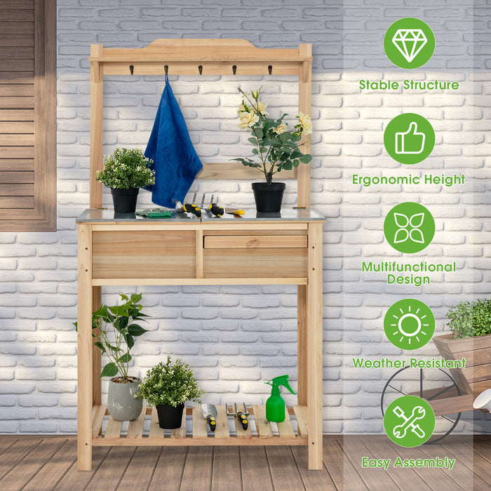 Costway Outdoor Garden Potting Bench Table Wooden Work Station W/metal Top Open Shelf
