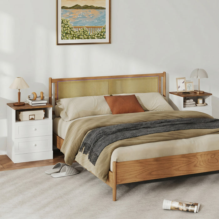 HOMCOM Nightstand with Charging Station Set of 2, White and Oak