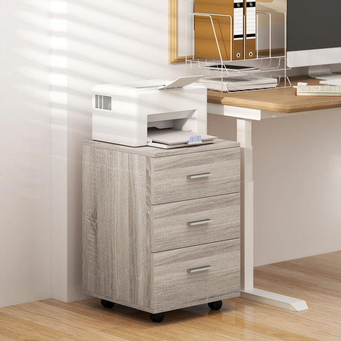 Vinsetto 3 Drawer File Cabinet with Lock and Wheels, Grey Wood Grain