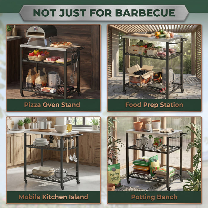Outsunny Outdoor Grill Cart with Stainless Steel Tabletop, Movable Food Prep Table on Wheels, Two-Shelf Pizza Oven Stand, BBQ Stand for Kitchen Prep, Black