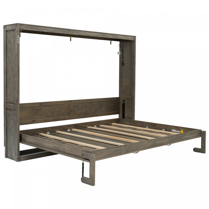 Olivia Solid Wood Murphy Bed with LED Light and Foldable Cabinet,Full Size,Brown Full Bed