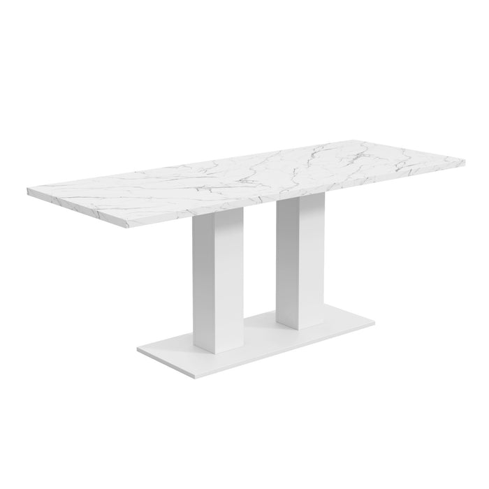 Vero 71 Inch Modern Rectangular Dining Table with Dual Pedestal Base and Marble Effect Finish, White Marble