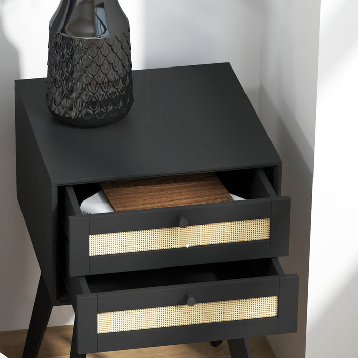 HOMCOM Bedside Table Set of 2 with 2 Drawers, Rattan Element for Bedroom