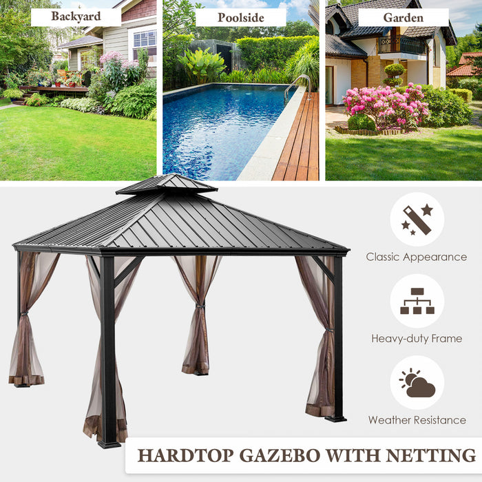 Costway 12ft X 10ft Hardtop Gazebo 2-tier Outdoor Galvanized Steel Canopy Brown