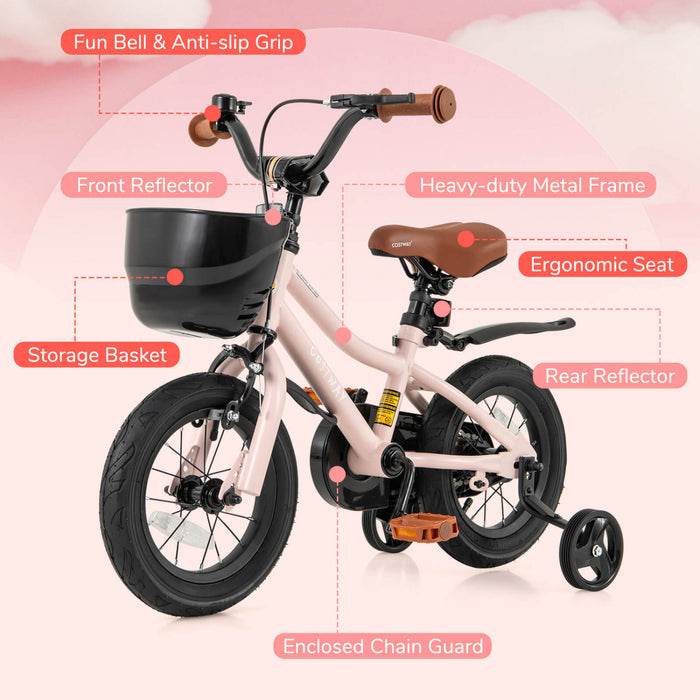 Costway 12\" Kid's Bike With Training Wheels Adjustable Handlebar & Seat Handbrake Pink