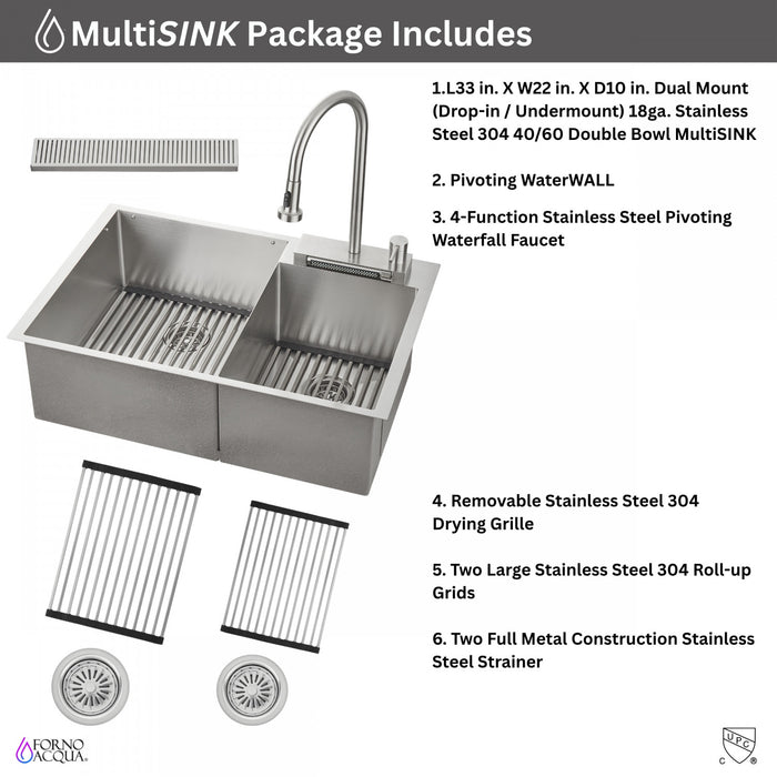 MultiSINK 33 in. D10in. Dual Mounted 60/40 Workstation Kitchen Sink, Waterfall Faucet,Stainless Steel - H-XN30 Laundry Combo