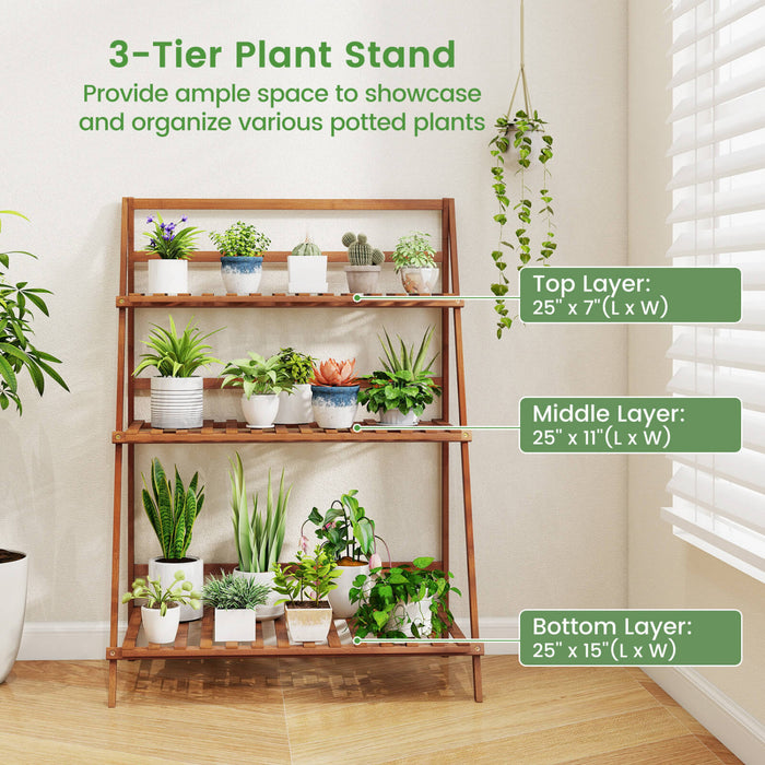 Costway 3 Tier Folding Shelf Stand Bamboo Flower Pot Display Rack Bookcase Organizer