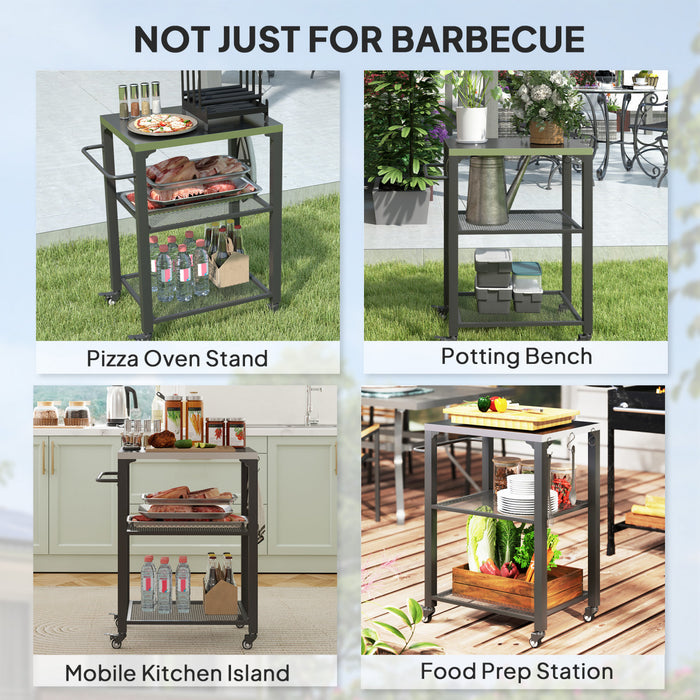 Outsunny 3-Shelf Outdoor Grill Dining Cart with Stainless Steel Tabletop, Pizza Oven Stand with 3 Hooks, Side Handle, BBQ Movable Food Prep Table with 4 Wheels for Backyard Party