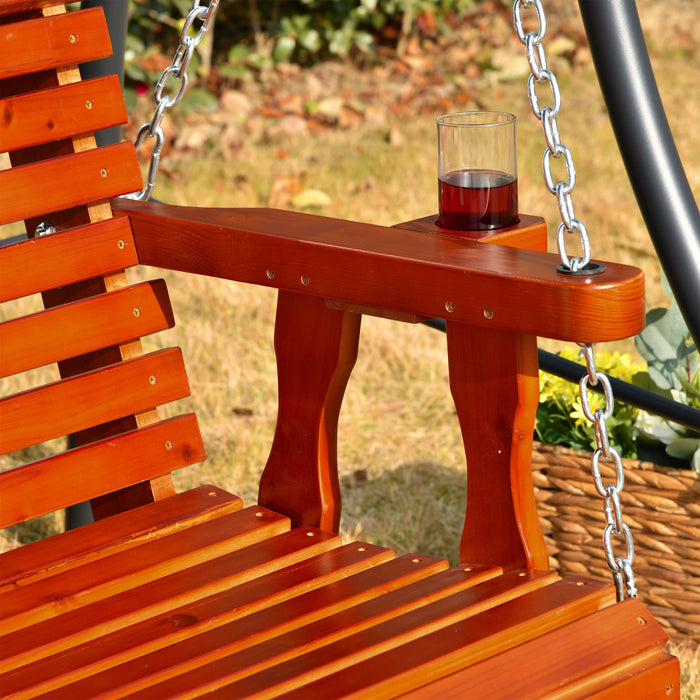 Outsunny 2 Seater Porch Swing Wooden Patio Swing Chair W/ Cup Holder Brown