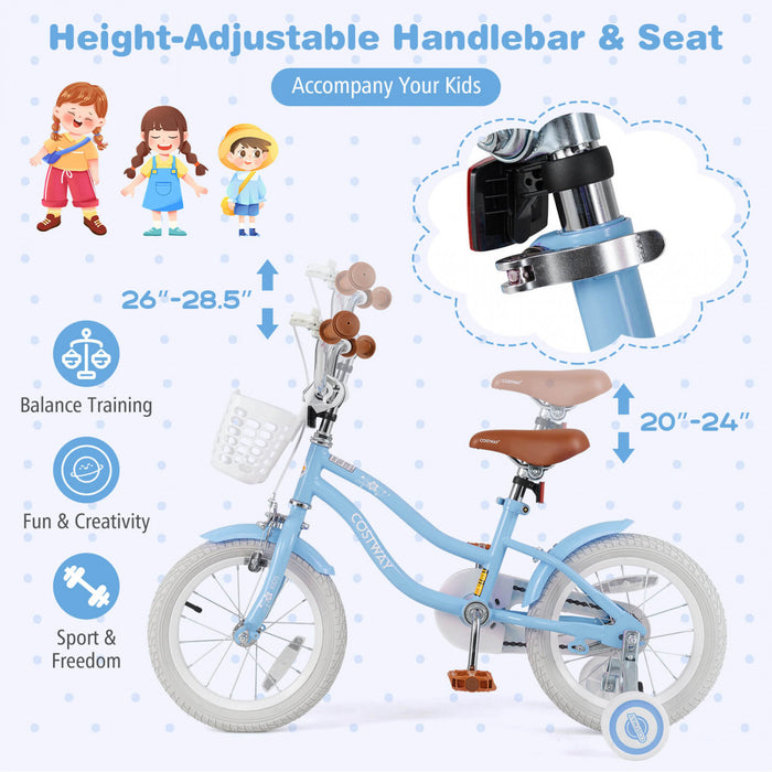Costway 14\" Kid's Bike With Removable Training Wheels & Basket For 3-5 Years Old Blue
