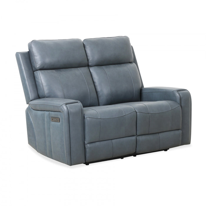 Bellamy 58 in. Leather Match Power Reclining Loveseat with Adjustable Headrest and USB - Blue