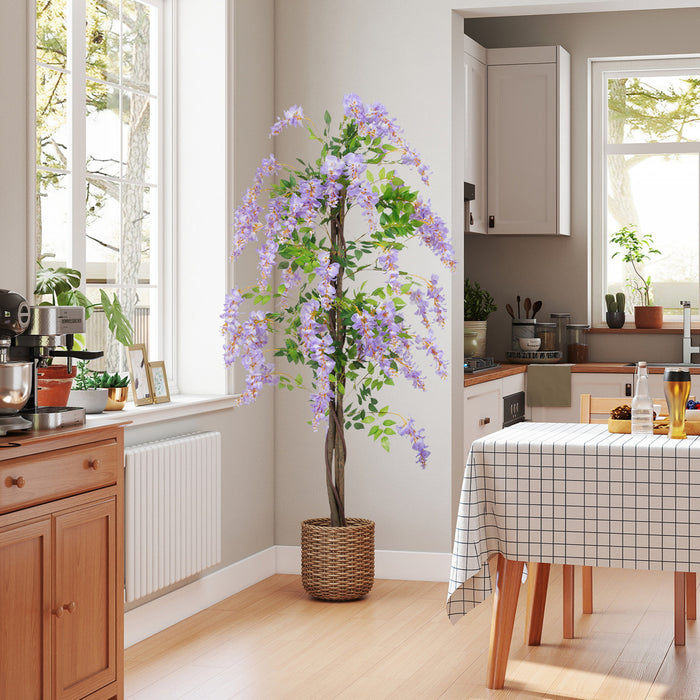 HOMCOM 5.9FT Artificial Wisteria Tree with Natural Wood Purple