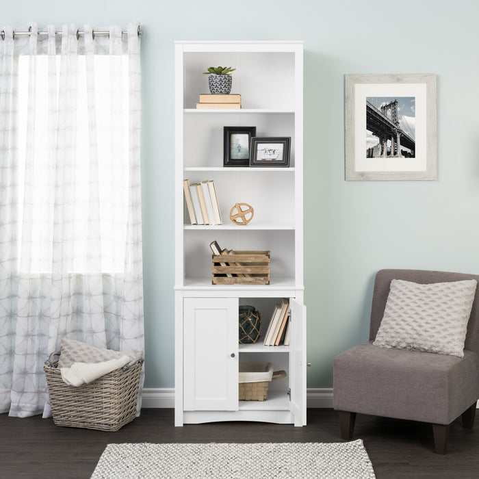 Tall Bookcase with Two Shaker Doors - White