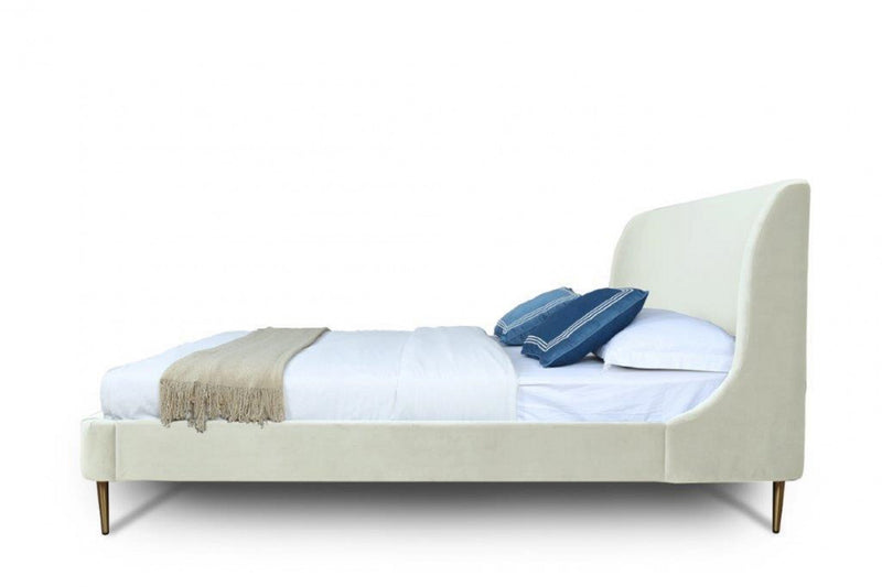 Heather Mid-Century Modern Velvet Upholstered Full Bed in Cream and Gold