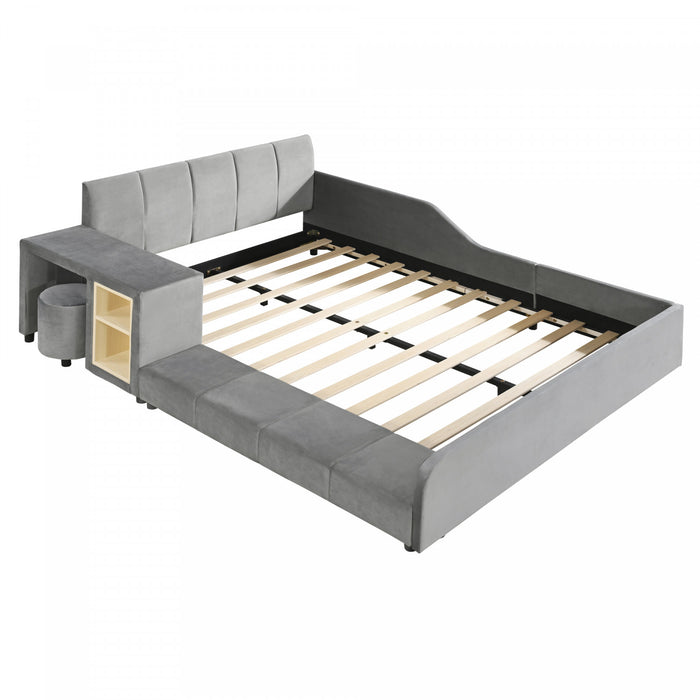 Lily Velvet Upholstered Grounded Bed with Desk and Stool,Queen Size,Grey Queen Bed