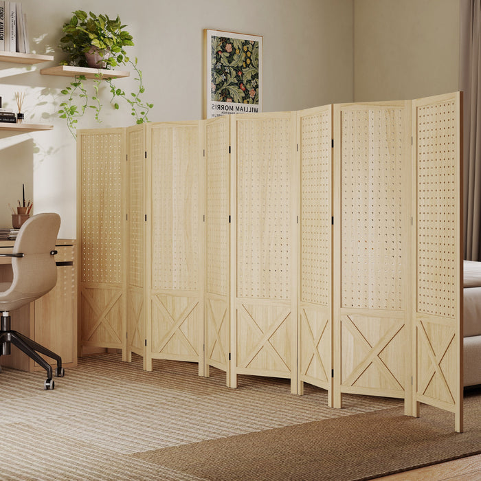 HOMCOM 4.7' 8 Panel Room Divider with Pegboard Display for Indoor, Natural