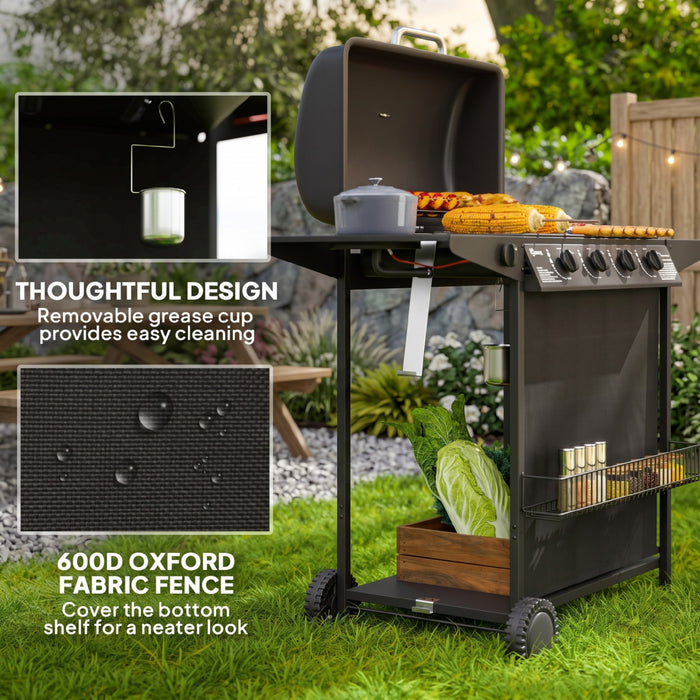 Outsunny 4+1 Burner Propane Gas BBQ Grill with Side Burner, Portable Gas Barbecue Grill featuring Thermometer, Lid, Side Table, Shelf, Spice Rack, Wheels, Grease Cup for Garden, Black