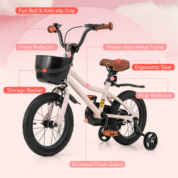 Costway 14\" Kid's Bike With Training Wheels Adjustable Handlebar & Seat Handbrake Pink