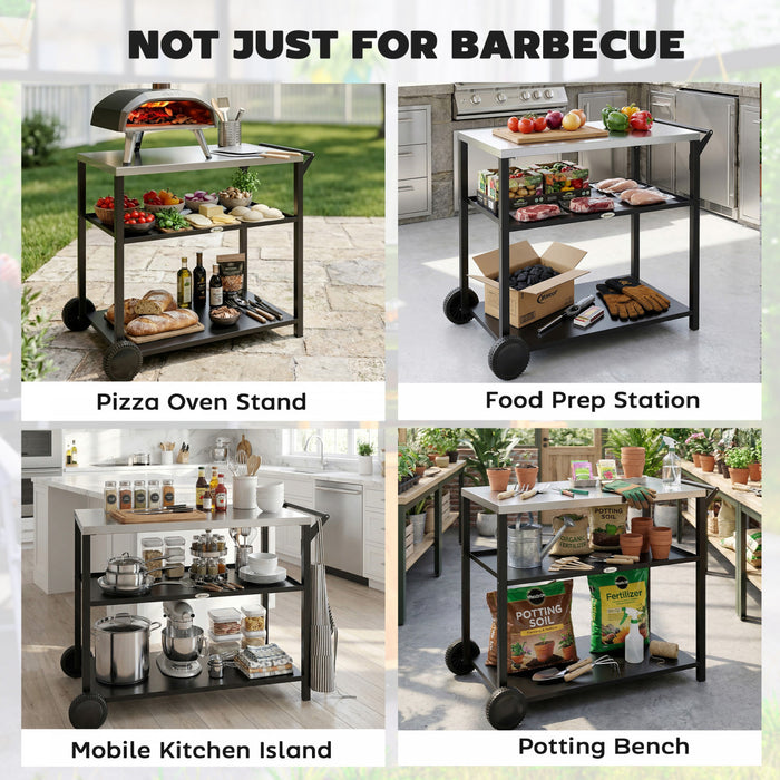 Outsunny Outdoor Grill Cart with Stainless Steel Tabletop for Kitchen Prep, Three-Tier Pizza Oven Stand, BBQ Stand and Movable BBQ Cart on Wheels, Black