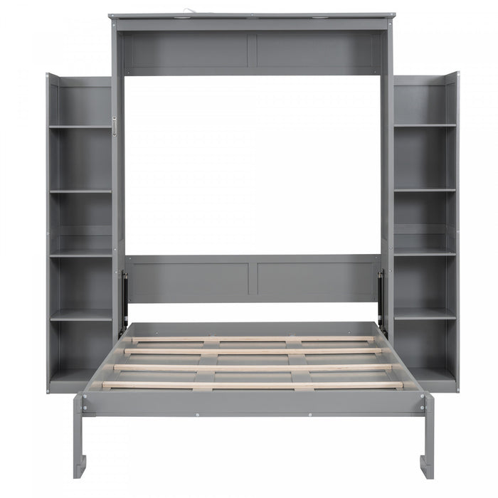 Aiden Murphy Bed with Shelves and LED Lights,Full Size,Grey Full Bed