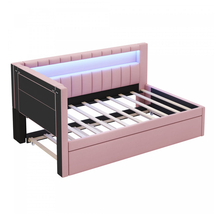 Lily Upholstered Platform Bed with LED and USB Ports,Pink Twin Bed