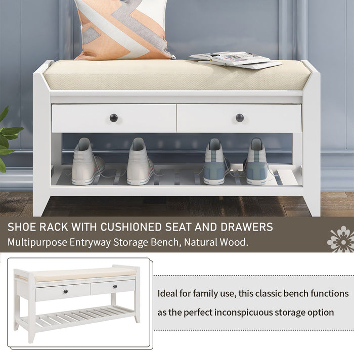 Stephanie Pine Wood Shoe Rack Bench With Cushioned Seat With Storage Drawers - White