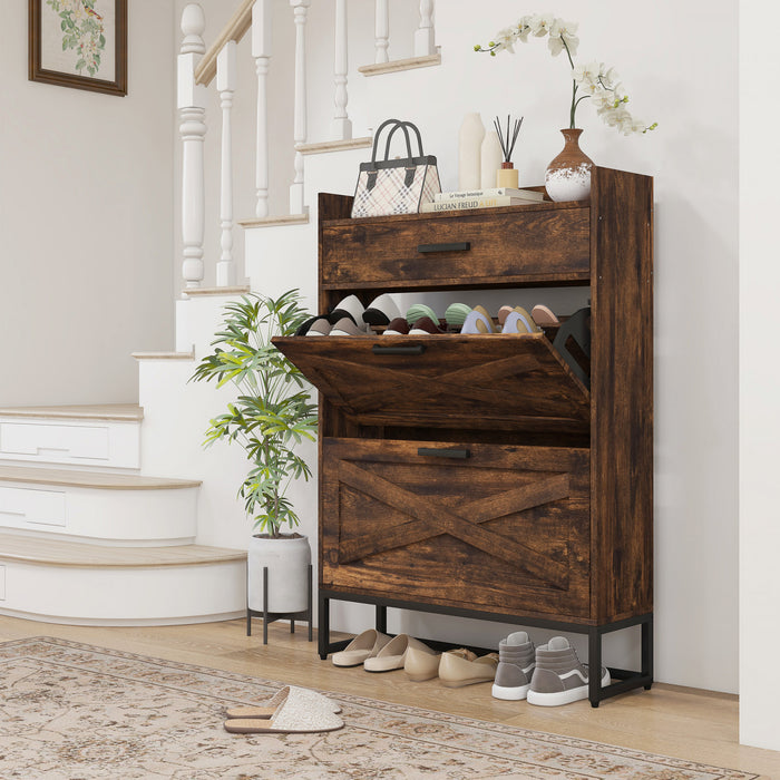 HOMCOM Narrow Shoe Cabinet with 2 Flip Doors and Top Drawer, Rustic Brown