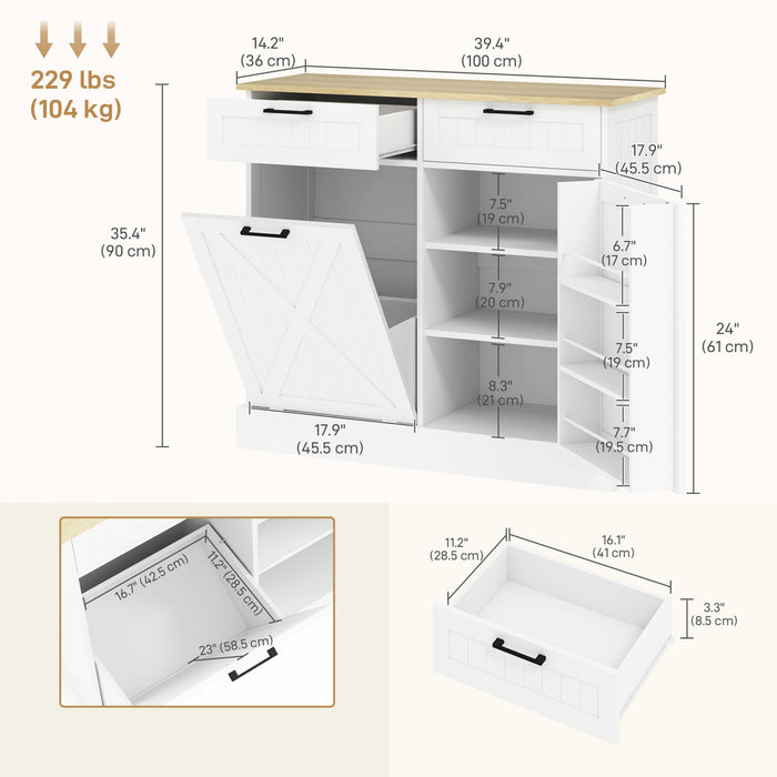 HOMCOM Tilt Out Trash Cabinet, Kitchen Island with 2 Drawers, White