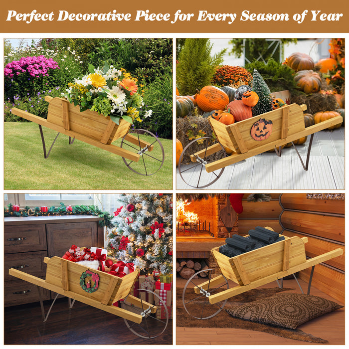 Costway Wooden Wagon Planter Decorative Indoor/outdoor Rustic Flower Cart With Wheel Beige