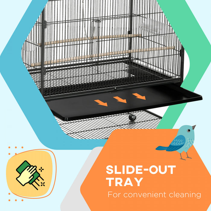 Pawhut 60\" Bird Cage With Stand For Cockatiels Canaries Lovebirds Finches, Budgie Cage With Wheels, Removable Tray, Storage Shelf