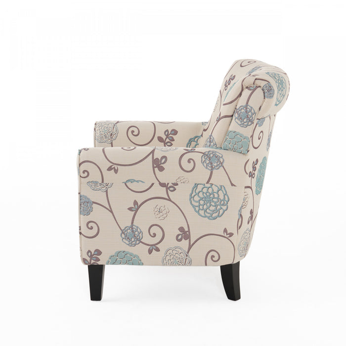 Catherine Linen-look Fabric Accent Chair With Wood Legs - White and Blue
