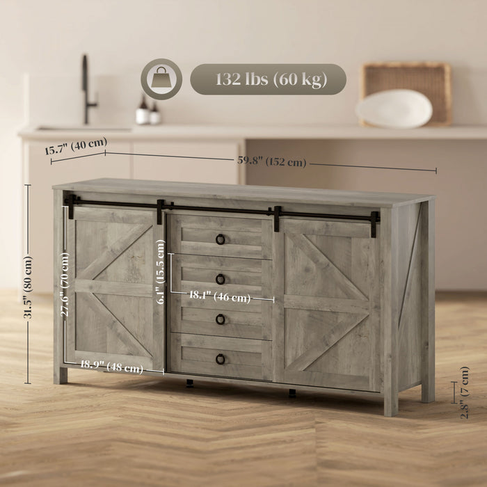 HOMCOM Farmhouse Sideboard Buffet Cabinet with Doors Distressed Light Grey