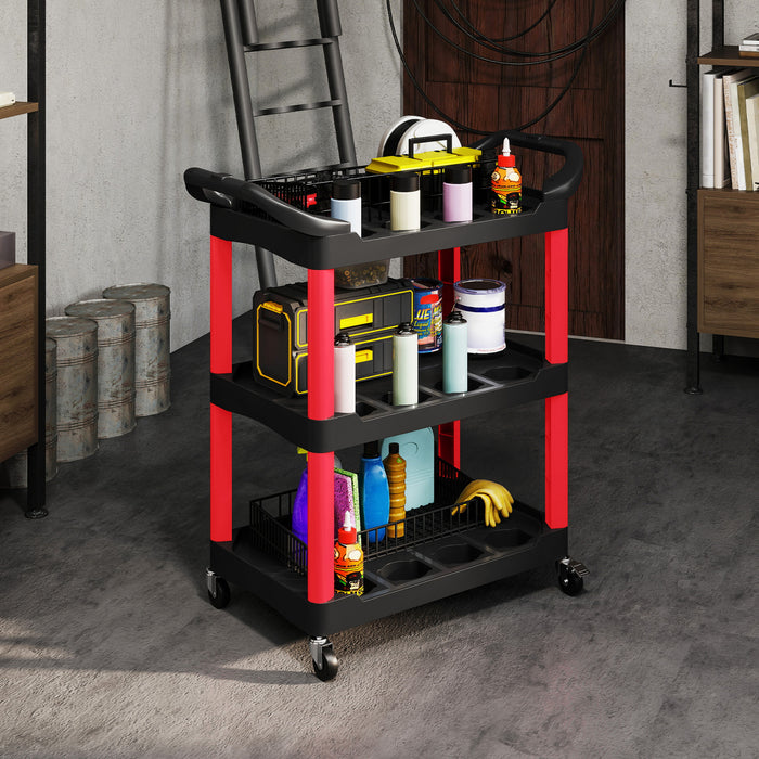 Homcom 3-tier Rolling Tool Cart With Wheels, Plastic Utility Cart, Black