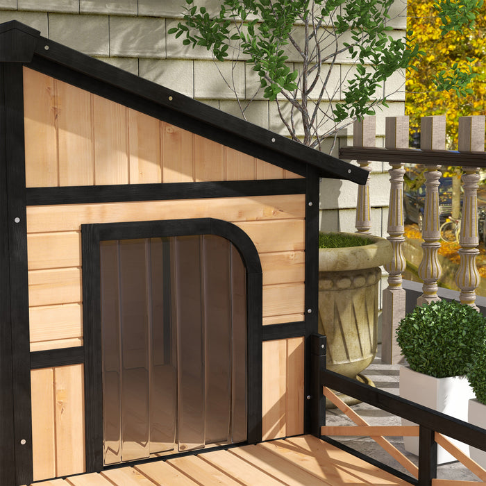 Pawhut 59\"x64\"x39\" Wood Dog House Outdoor Cabin-style Elevated Pet Shelter With Porch Deck, Beige