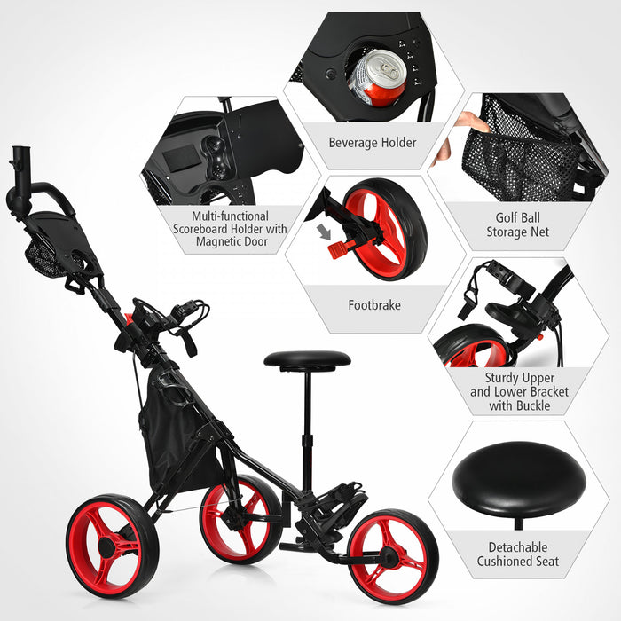Goplus Folding 3 Wheels Golf Push Cart W/seat Scoreboard Adjustable Handle Red