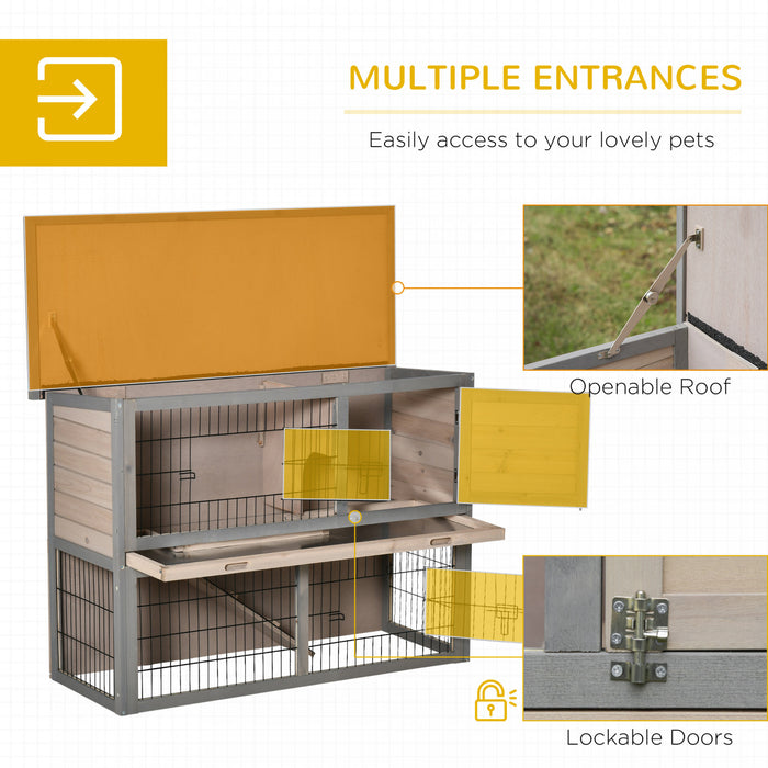 Pawhut 2-tier Wooden Rabbit Hutch Backyard Bunny Cage Habitat Small Animal House W/ Ramp, Slide Out Tray And Outdoor Run, Grey