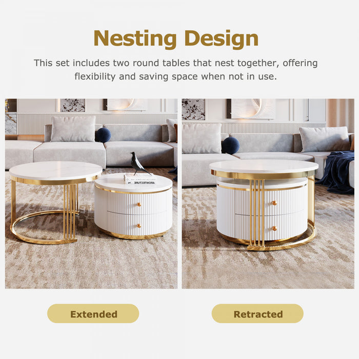 Thomas 27.6\" Modern Round Coffee Table With 2 Storage Drawers, White