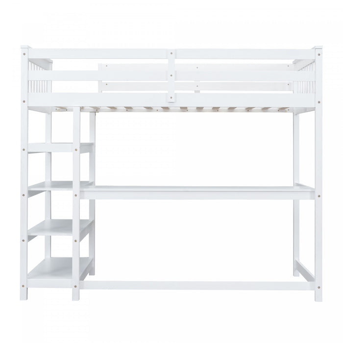 Victoria Twin Loft Solid Wood Bed With Desk, Storage Shelves, Led Light, White