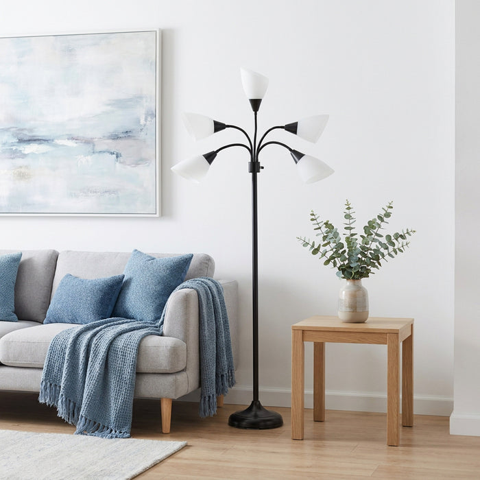 Skye 5 Light Adjustable Gooseneck Floor Lamp, Black & White, 67\"H
