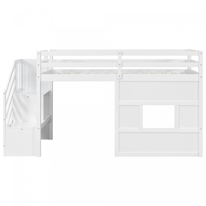 Pepys Modern Loft Bed with Storage Staircase and Window,Twin Size,White Twin Bed