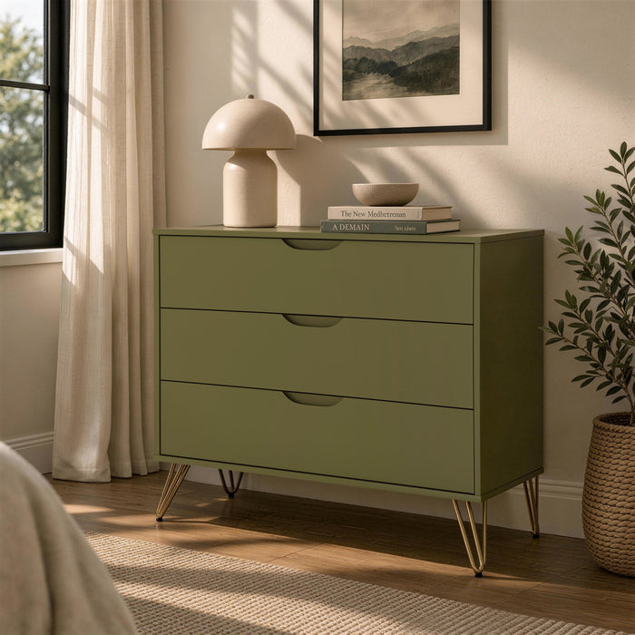 Rockefeller Mid-Century Modern 35\" Dresser in Olive Green (3-Drawer)