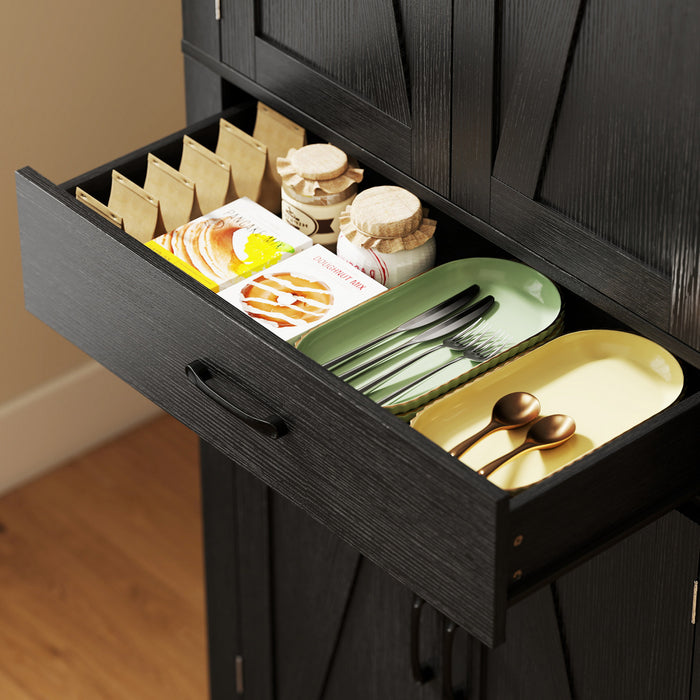 72\" Kitchen Pantry Cabinet, Kitchen Storage Cabinet with Barn Doors, Black