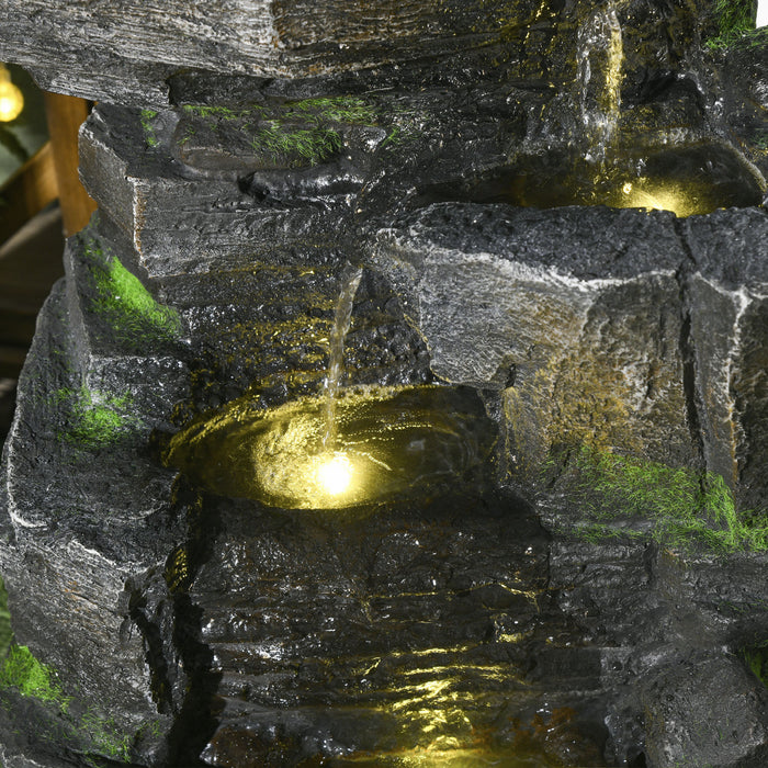 Outsunny 4-tier Rock Outdoor Fountain, Led Lights, Resin Waterfall Fountain