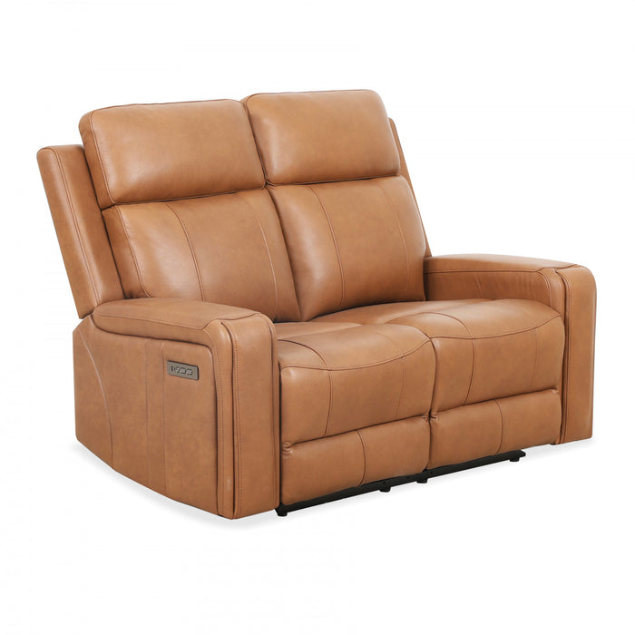 Bellamy 58 in. Leather Match Power Reclining Loveseat with Adjustable Headrest and USB - Cognac